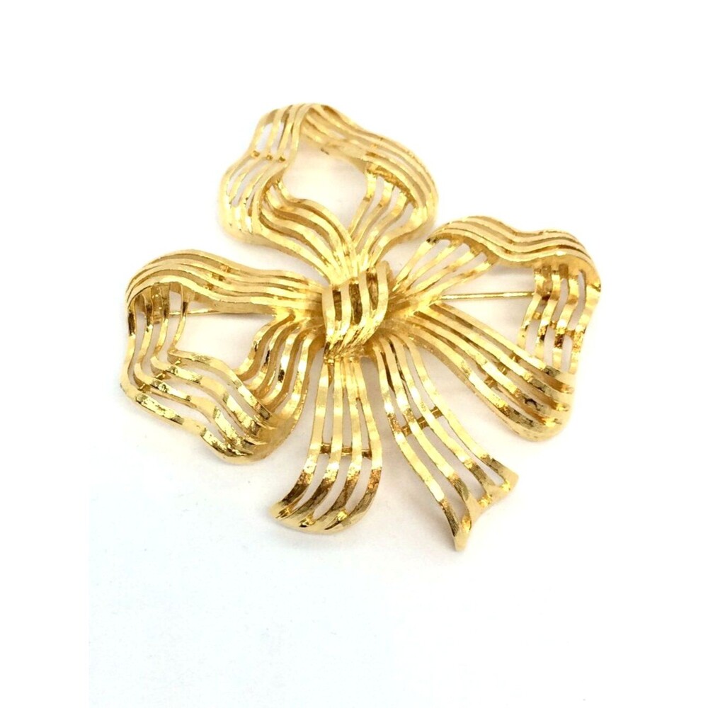 Vintage Monet Brooch Gold Tone Bow Large Ribbon Openwork Statement Pin 3"